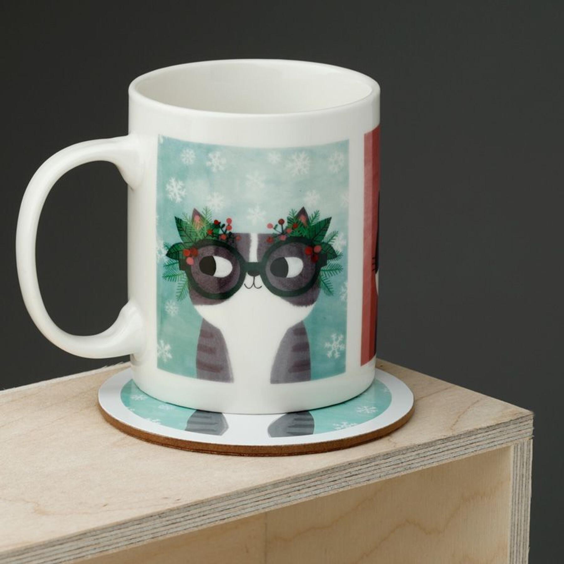 Ensemble mug porcelaine et dessous de verre Puckator Angie Rozelaar Planet Cat Noël de chat