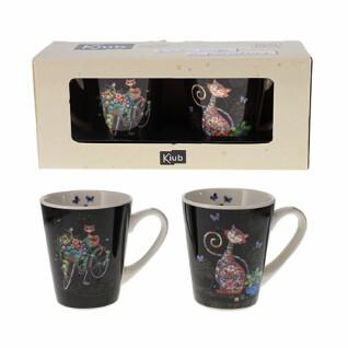Lot de 2 mini mugs conique + boîte ouverte Chat Papillon / Velo Kiub Bug Art Jewels