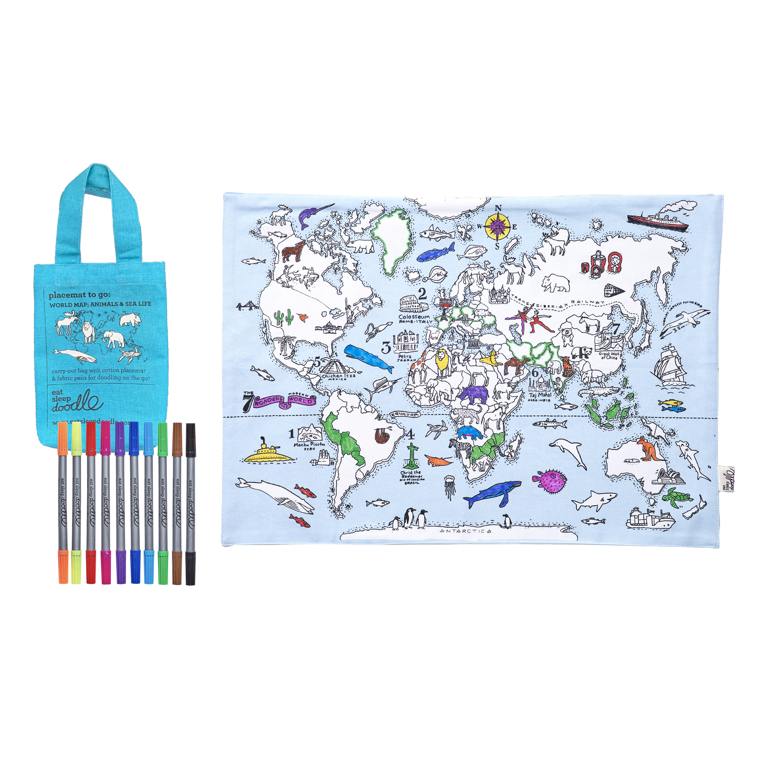 ensemble napperon + coloriage enfant - carte du monde eat sleep doodle