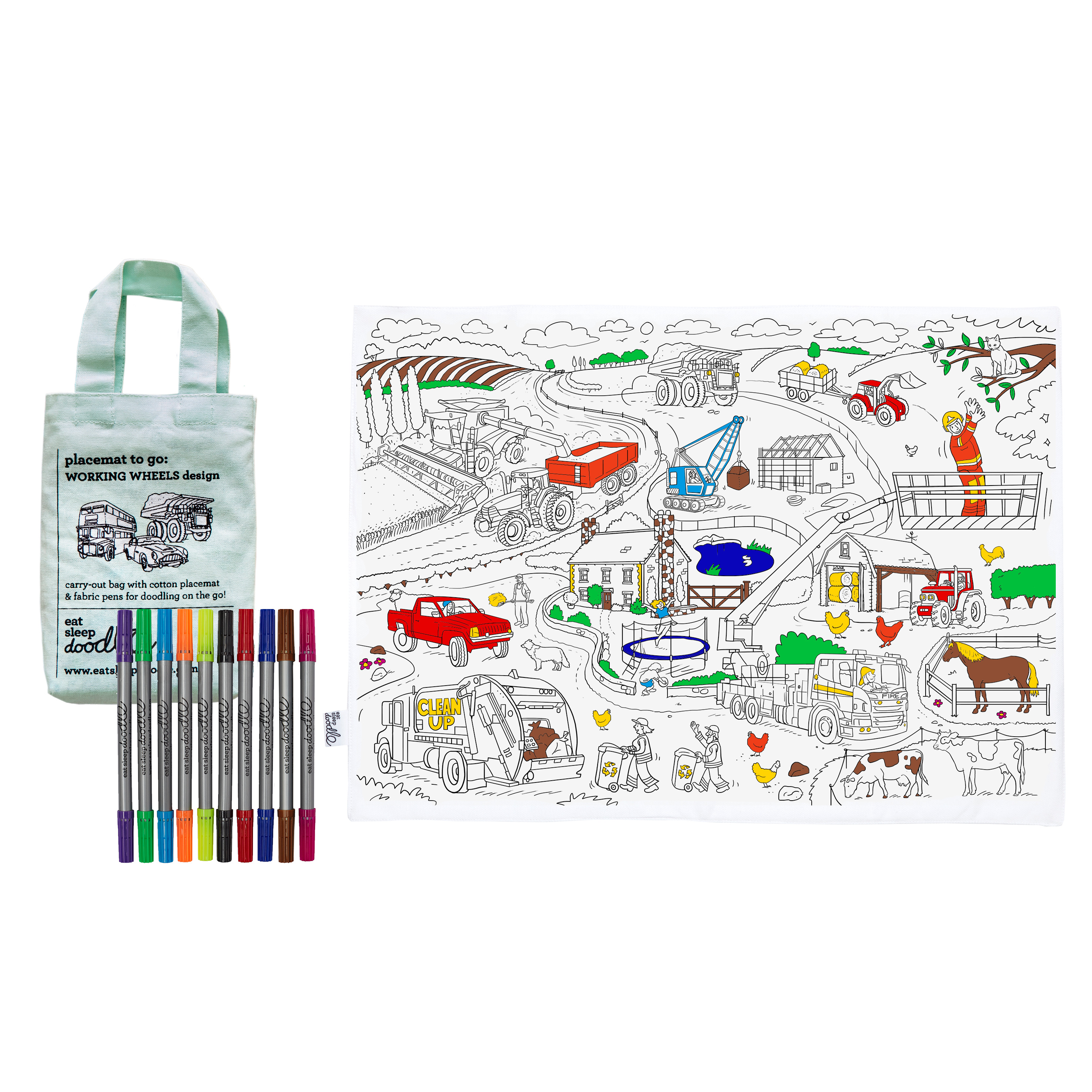 ensemble napperon + coloriage enfant - roues de travail eat sleep doodle